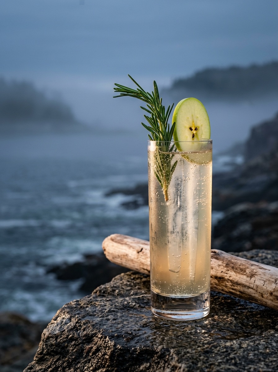 The Casco Bay Crossing served in a tall Collins glass over ice spears with a fresh rosemary sprig and thin green apple wheel.