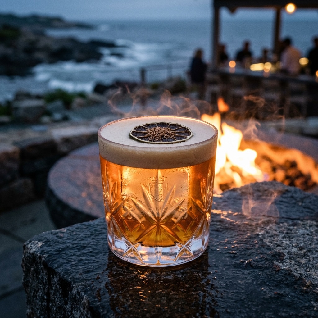 The Granite Bastion served in a Double Old Fashioned glass over a single large clear ice block, topped with a dehydrated lime wheel and grated nutmeg.