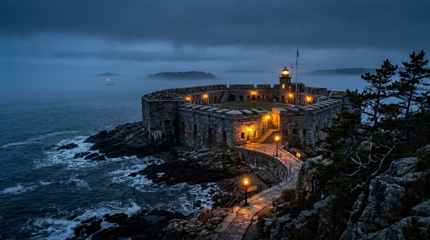 A historic granite stone coastal fortification overlooking misty Casco Bay at dusk, lit by warm amber lanterns.