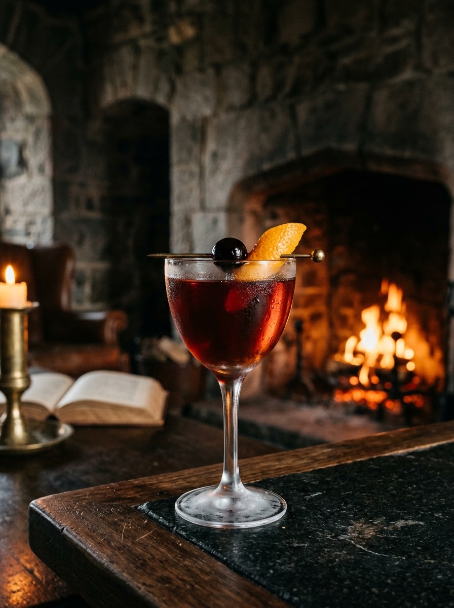 The Parapet Nightcap served in a chilled frosted Nick and Nora glass before a glowing stone hearth, garnished with a skewered Amarena cherry and orange peel.
